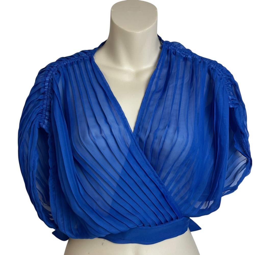 Audrey Lane‎ Royal Blue Pleated Surplice V-Neck Crop Top Tie Back Small